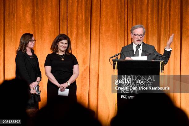 Kristie Macosko Krieger, Amy Pascal, and Steven Spielberg speak onstage during the National Board of Review Annual Awards Gala at Cipriani 42nd...