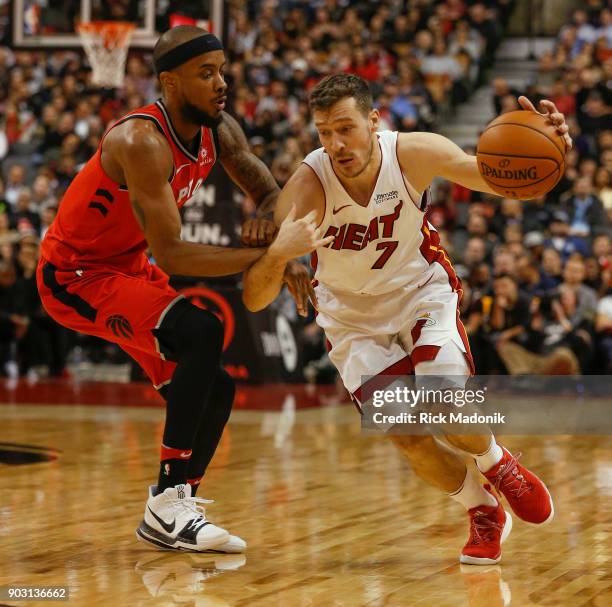 Miami Heat guard Goran Dragic goes around Toronto Raptors guard Lorenzo Brown . Toronto Raptors vs Miami Heat in 2nd half action of NBA regular...