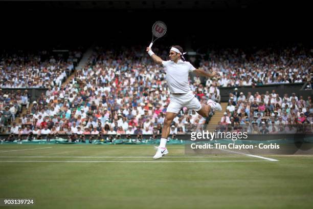 Majestic Roger Federer of Switzerland in action against Marin Cilic of Croatia during the Gentlemen's Singles final of the Wimbledon Lawn Tennis...
