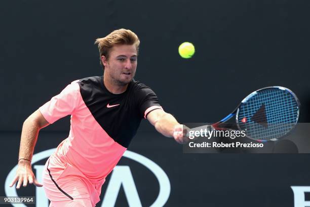 Omar Jasika of Australia competes in his first round match against James Duckworth of Australia during 2018 Australian Open Qualifying at Melbourne...