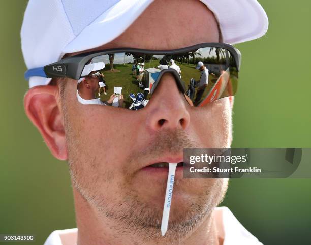 Henrik Stenson of Team Europe ponders a shot during practice prior to the start of the Eurasia Cup at Glenmarie G&CC on January 10, 2018 in Kuala...