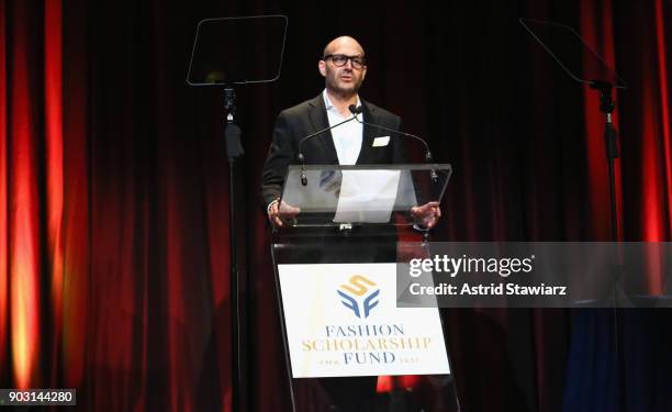 Presenter, President of Saks Fifth Avenue, Inc. Marc Metrick speaks on stage during the 81st Annual YMA Fashion Scholarship Fund National Merit...