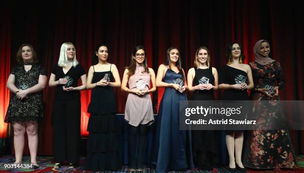 Finalists accept their awards at the 81st Annual YMA Fashion Scholarship Fund National Merit Scholarship Awards Dinner at Marriott Marquis Times...