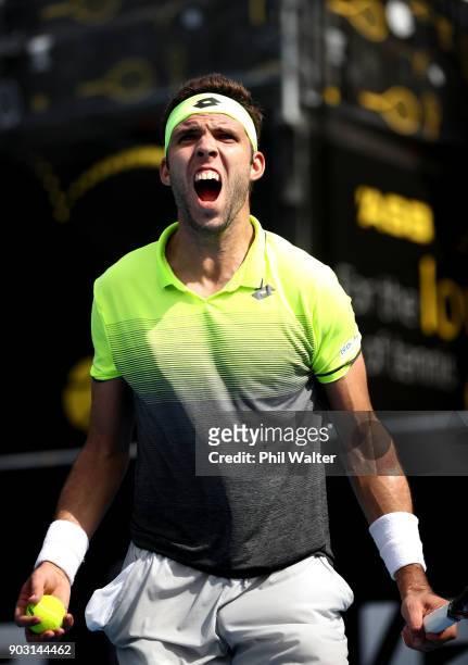 Jiri Vesely of the Czech Republic celebrates his win over Sam Querrey of the USA in their second round match on day three of the ASB Men's Classic at...