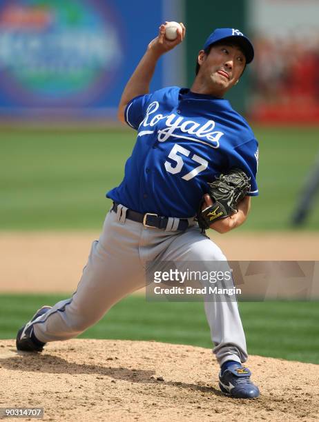 Yasuhiko Yabuta of the Kansas City Royals pitches against the Oakland Athletics during the game at the Oakland-Alameda County Coliseum on September...