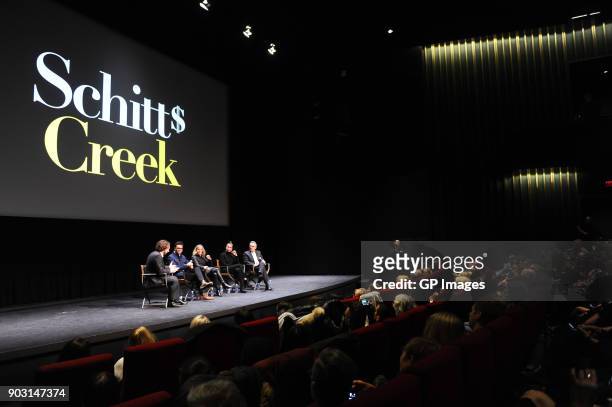 Senior Arts Editor for Jazz FM Mark Wigmore, actor Dan Levy, actor Catherine O'Hara, actor Annie Murphy and actor Eugene Levy attend the "Schitt's...