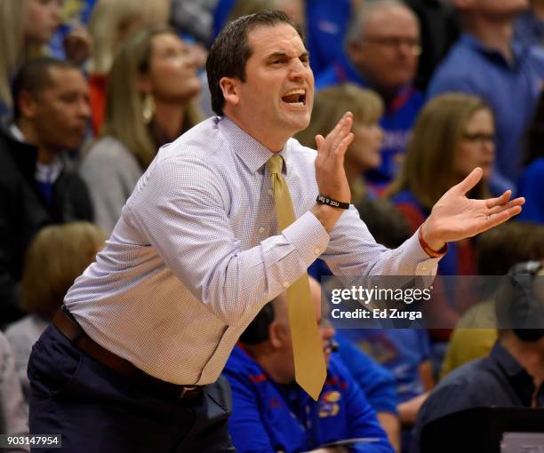 Head coach Steve Prohm of the Iowa State Cyclones directs his team against the Kansas Jayhawks at Allen Fieldhouse on January 9, 2018 in Lawrence,...