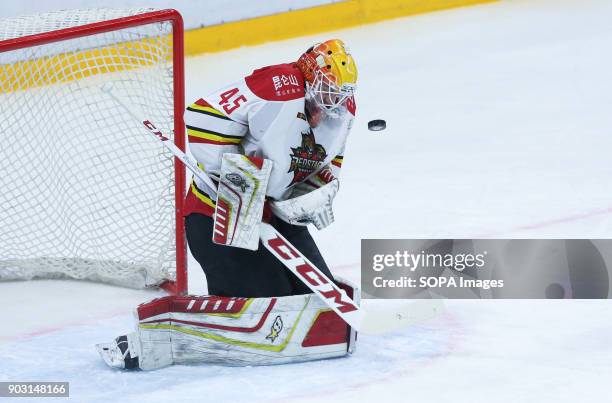 Magnus Hellberg of HC Kunlun Red Star in action during the 2017/18 Kontinental Hockey League Regular Season match between HC Kunlun Red Star and HC...