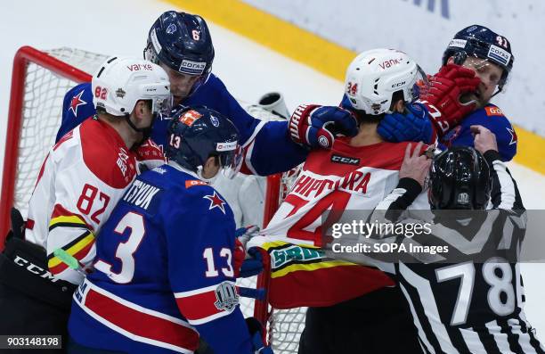 Players of HC Kunlun Red Star and HC SKA Saint Petersburg in action during the 2017/18 Kontinental Hockey League Regular Season match between HC...