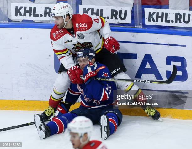 Kirill Lebedev of HC Kunlun Red Star and Pavel Datsyuk of HC SKA Saint Petersburg in action during the 2017/18 Kontinental Hockey League Regular...