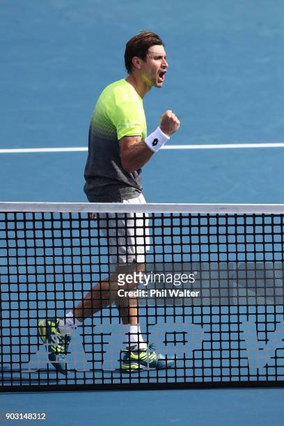 David Ferrer of Spain celebrates during his second round match against Joao Sousa of Portugal on day three of the ASB Men's Classic at ASB Tennis...