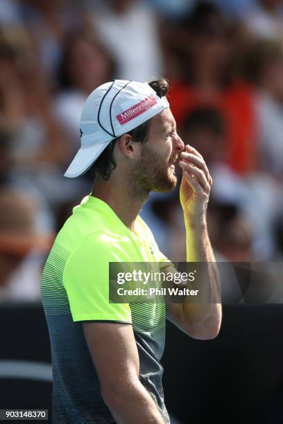 Joao Sousa of Portugal reacts during his his second round match against David Ferrer of Spain on day three of the ASB Men's Classic at ASB Tennis...