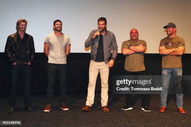 Thad Luckenbill, Austin Stowell, Geoff Stults, Jay Glazer and Nate Boyer attend the Special Screening Of "12 Strong" For MVP's Military Veterans at...