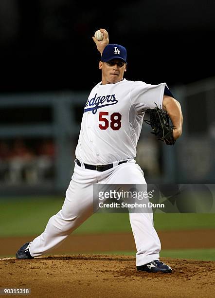 Pitcher Chad Billingsley of the Los Angeles Dodgers throws a pitch against the Arizona Diamondbacks on September 2, 2009 at Dodger Stadium in Los...