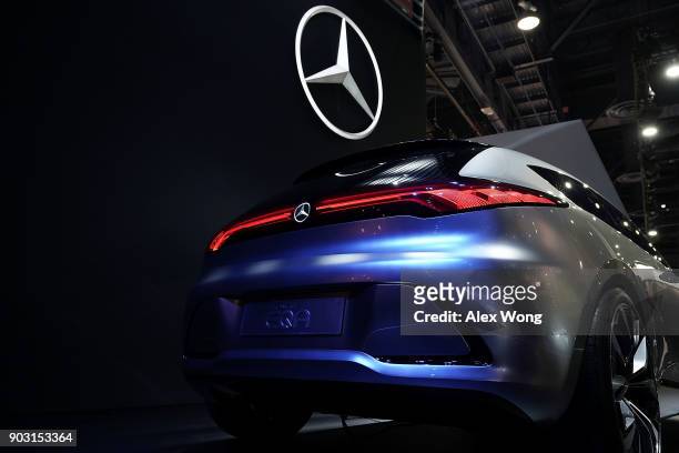 The Mercedes-Benz Concept EQA electric vehicle is on display during CES 2018 at the Las Vegas Convention Center on January 9, 2018 in Las Vegas,...