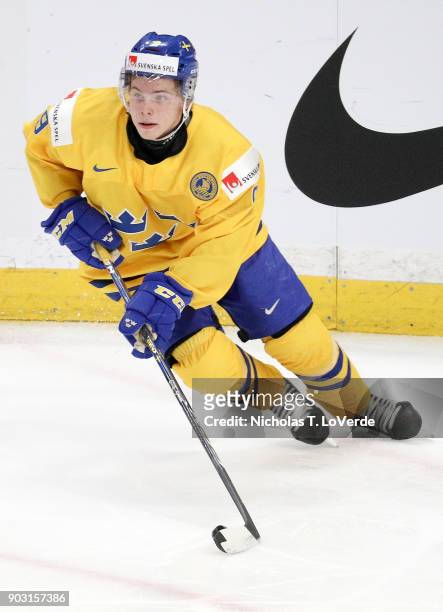 Tim Söderlund of Sweden skates against the United States during the first period of play in the IIHF World Junior Championships Semifinal game at...