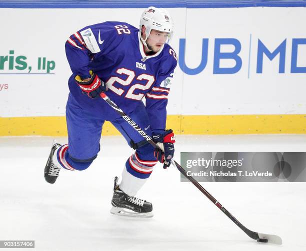 Logan Brown of United States skates against Sweden during the second period of play in the IIHF World Junior Championships Semifinal game at KeyBank...