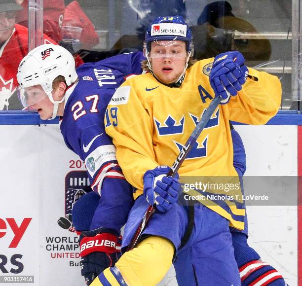 Riley Tufte of United States absorbs a check from Alexander Nylanders of Sweden during the second period of play in the IIHF World Junior...