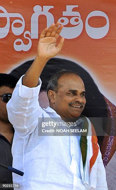 In this file photograph taken on April 7, 2009 chief minister of Andhra Pardesh Yeduguri Sandinti Rajasekhara Reddy greets supporters during the...