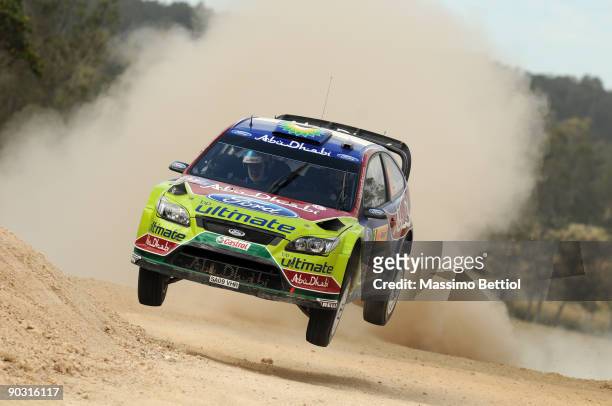 Mikko Hirvonen of Finland and Jarmo Lehtinen of Finland compete in their BP Abu Dhabi Ford Focus during the Repco Rally of Australia Shakedown on...