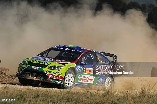 Mikko Hirvonen of Finland and Jarmo Lehtinen of Finland compete in their BP Abu Dhabi Ford Focus during the Repco Rally of Australia Shakedown on...