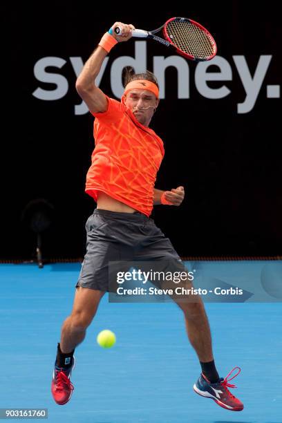 Alexandr Dolgopolov of Ukraine plays a forehand in his second round match against Fabio Fognini of Italy during day four of the 2018 Sydney...