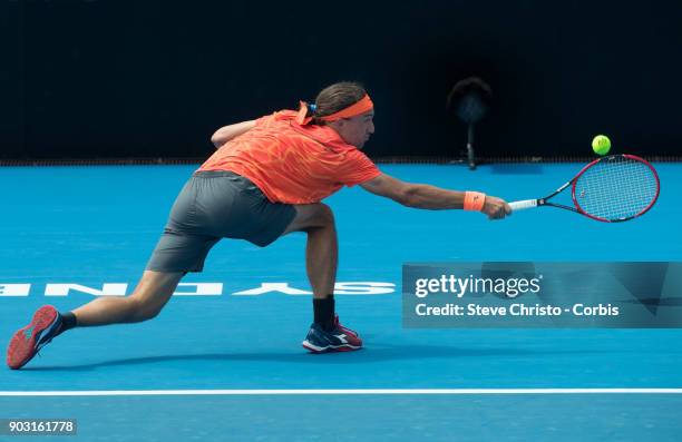 Alexandr Dolgopolov of Ukraine plays a backhand in his second round match against Fabio Fognini of Italy during day four of the 2018 Sydney...