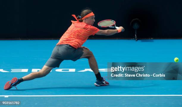 Alexandr Dolgopolov of Ukraine plays a backhand in his second round match against Fabio Fognini of Italy during day four of the 2018 Sydney...