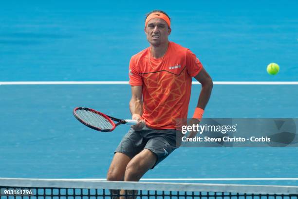 Alexandr Dolgopolov of Ukraine plays a forehand in his second round match against Fabio Fognini of Italy during day four of the 2018 Sydney...