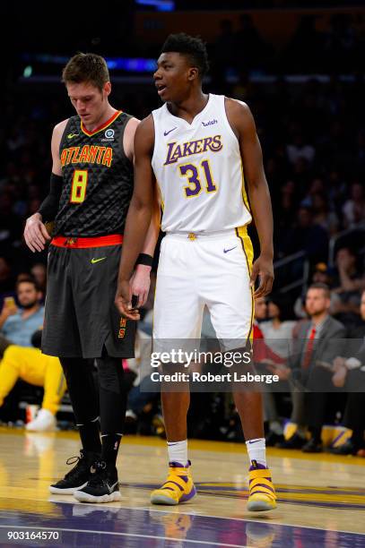 Thomas Bryant of the Los Angeles Lakers and Luke Babbitt of the Atlanta Hawks on January 7, 2018 at STAPLES Center in Los Angeles, California. NOTE...