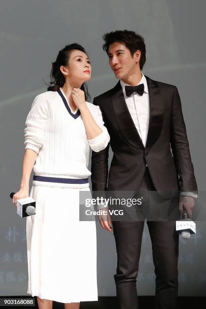 Actress Zhang Ziyi and actor Leehom Wang attend the premiere of director Li Fangfang's film 'Forever Young' on January 9, 2018 in Beijing, China.