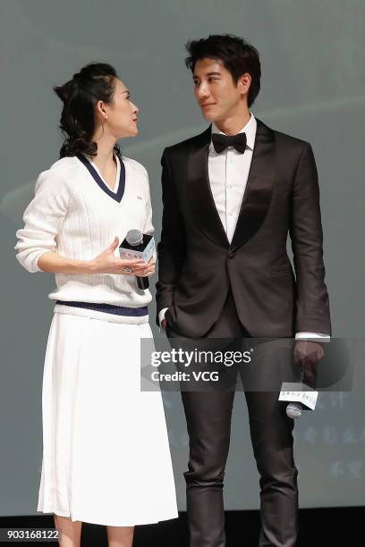 Actress Zhang Ziyi and actor Leehom Wang attend the premiere of director Li Fangfang's film 'Forever Young' on January 9, 2018 in Beijing, China.