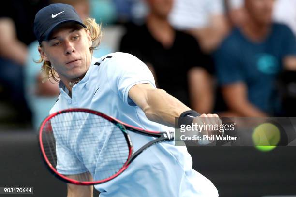 Denis Shapovalov of Canada plays a backhand during his his second round match against Juan Martin Del Porto of Argentina on day three of the ASB...