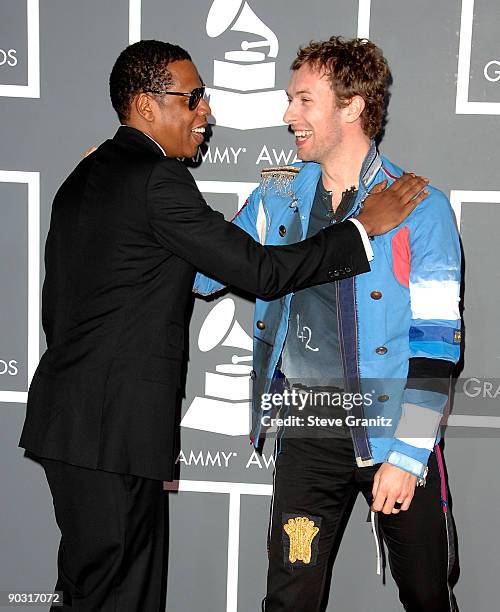 Rapper Jay-Z and Coldplay singer Chris Martin arrive to the 51st Annual GRAMMY Awards at the Staples Center on February 8, 2009 in Los Angeles,...