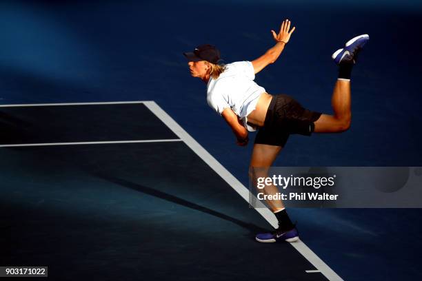 Denis Shapovalov of Canada serves during his his second round match against Juan Martin Del Porto of Argentina on day three of the ASB Men's Classic...