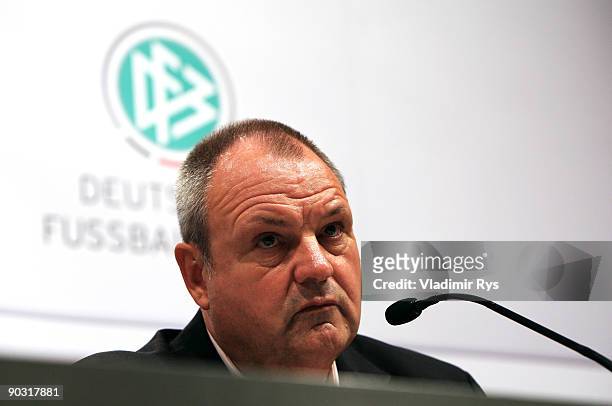 Press officer Harald Stenger attends the German Football National Team press conference at the Guerzenich Koeln on September 3, 2009 in Cologne,...