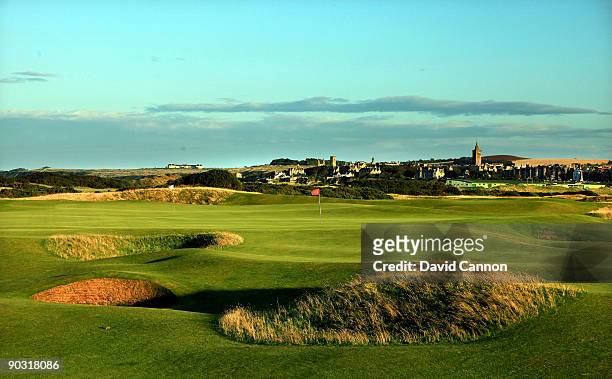 The approach to the green on the par 4, 13th hole 'Hole O'Cross ' which shares it's green with the par 5, 5th hole on the Old Course at St Andrews on...