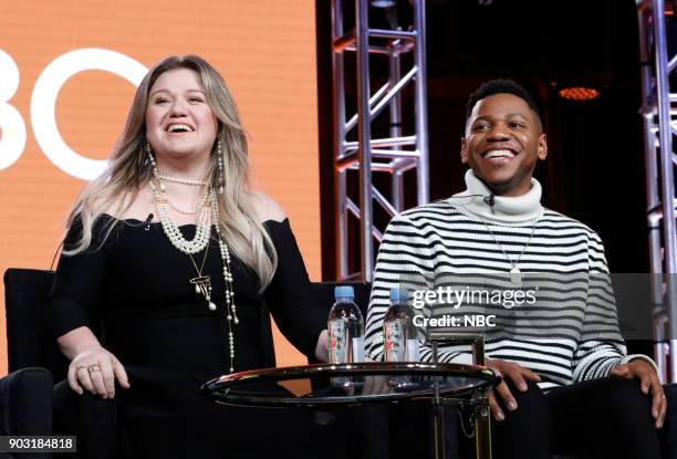 NBCUniversal Press Tour, January 2018 -- NBC's "The Voice" Session -- Pictured: Kelly Clarkson, Coach; Chris Blue, Season 12 Winner --