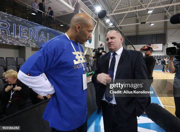 LaVar Ball father of LiAngelo and LaMelo Ball talks with Virginijus Seskus head coach of Vytautas Prienai during the match between Vytautas Prienai...