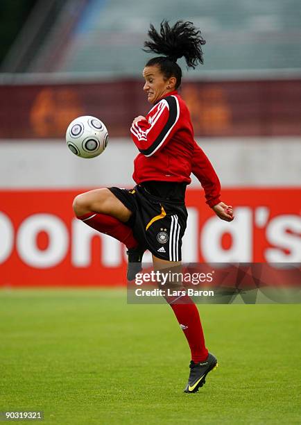 Fatmire Bajramaj is seen in action during the German Women's National Team training at Lahti Stadium on September 3, 2009 in Lahti, Finland.