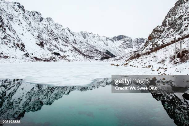 winter reflection in the lofoten islands - wu swee ong stock pictures, royalty-free photos & images