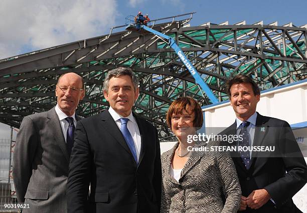 Britain's Prime Minister Gordon Brown , Chairman of the Olympic Delivery Authority John Armitt , Olympic Minister Tessa Jowell and Lord Coe inspect...