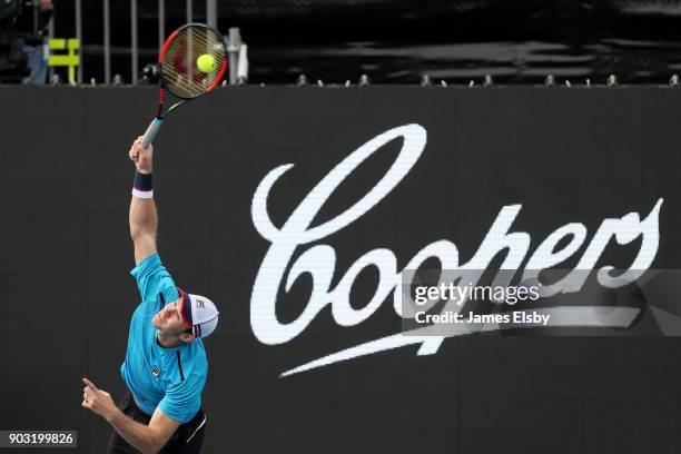 John Peers of Australia competes in his match against Mike Bryan and Bob Bryan of the USA on day three of the 2018 World Tennis Challenge at Memorial...