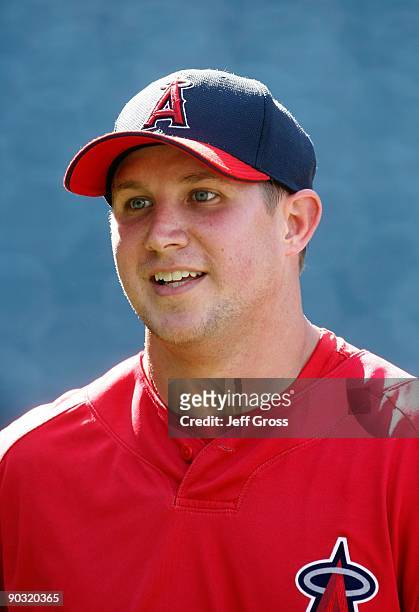 Robb Quinlan of the Los Angeles Angels of Anaheim looks on during batting practice prior to the game against the Oakland Athletics at Angel Stadium...