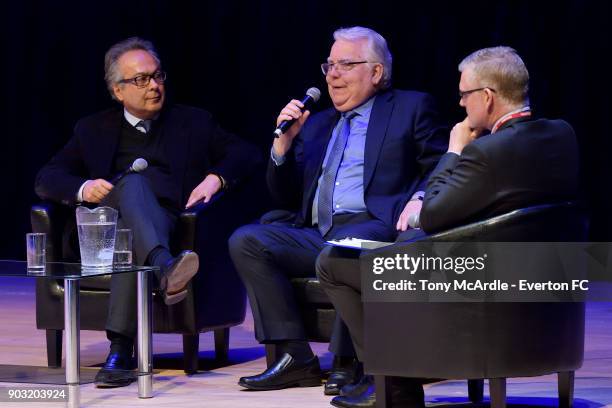 Farhad Moshiri and Bill Kenwright of Everton speak during the Everton General Meeting at Royal Liverpool Philharmonic Hall on January 9, 2018 in...