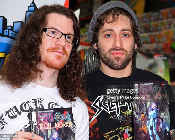 Drummer Andy Hurley and lead guitarist Joe Trohman of Fall Out Boy promotes "FOB Presents Fall Out Toy Works" at Midtown Comics on September 3, 2009...