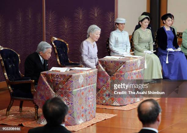 Emperor Akihito, Empress Michiko and royal family members attend the 'Kosho-Hajime-no-Gi', the first lecture of the year, at the Imperial Palace on...