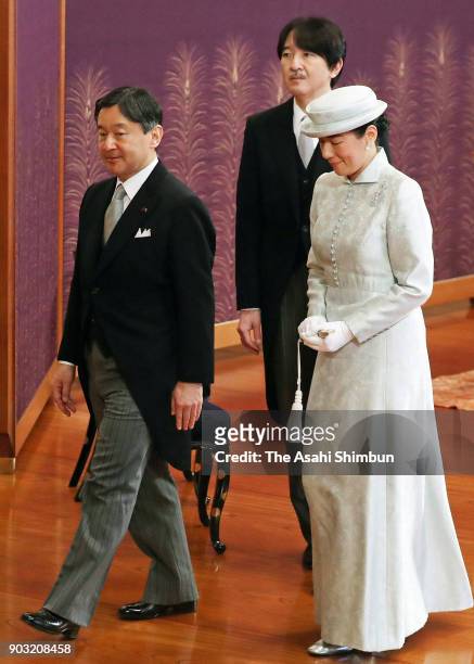 Crown Prince Naruhito, Crown Princess Masako and Prince Akishino leave after the 'Kosho-Hajime-no-Gi', the first lecture of the year, at the Imperial...