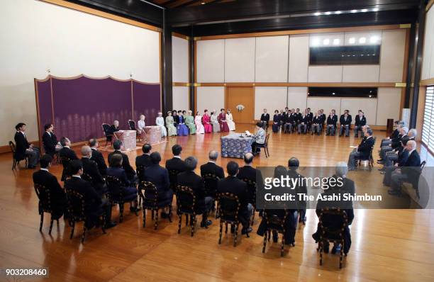 Emperor Akihito, Empress Michiko and royal family members attend the 'Kosho-Hajime-no-Gi', the first lecture of the year, at the Imperial Palace on...