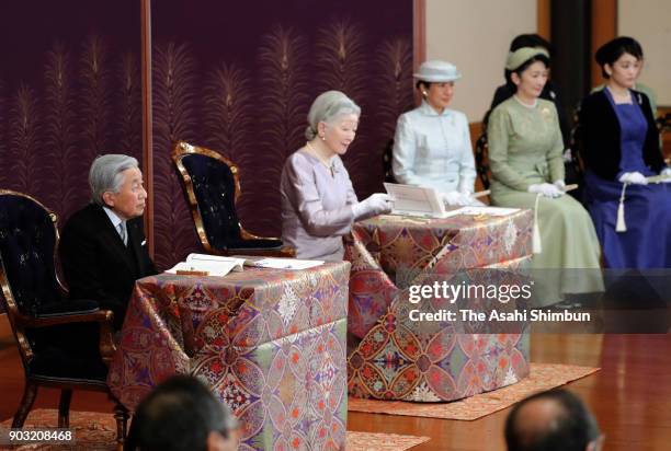 Emperor Akihito, Empress Michiko and royal family members attend the 'Kosho-Hajime-no-Gi', the first lecture of the year, at the Imperial Palace on...